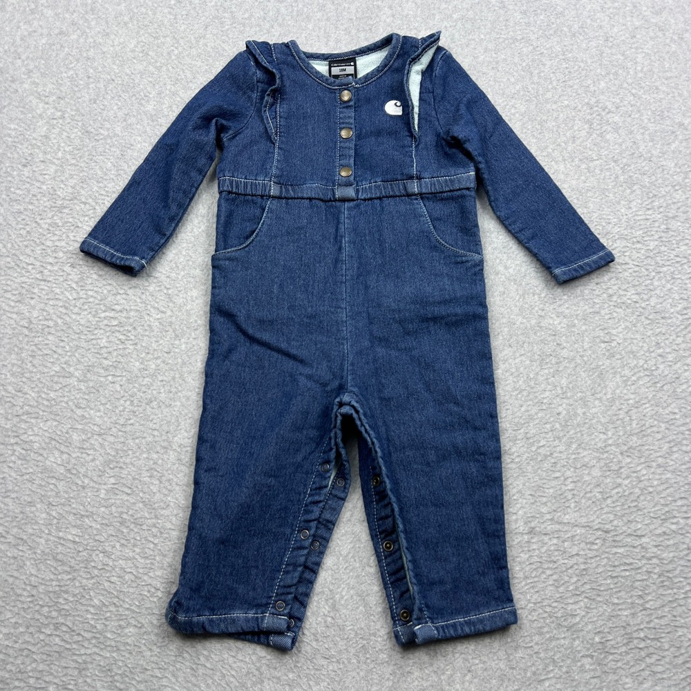 Carhartt Denim Coveralls‎ Girls 18M Blue Long Sleeve Snap Front Ruffle Romper